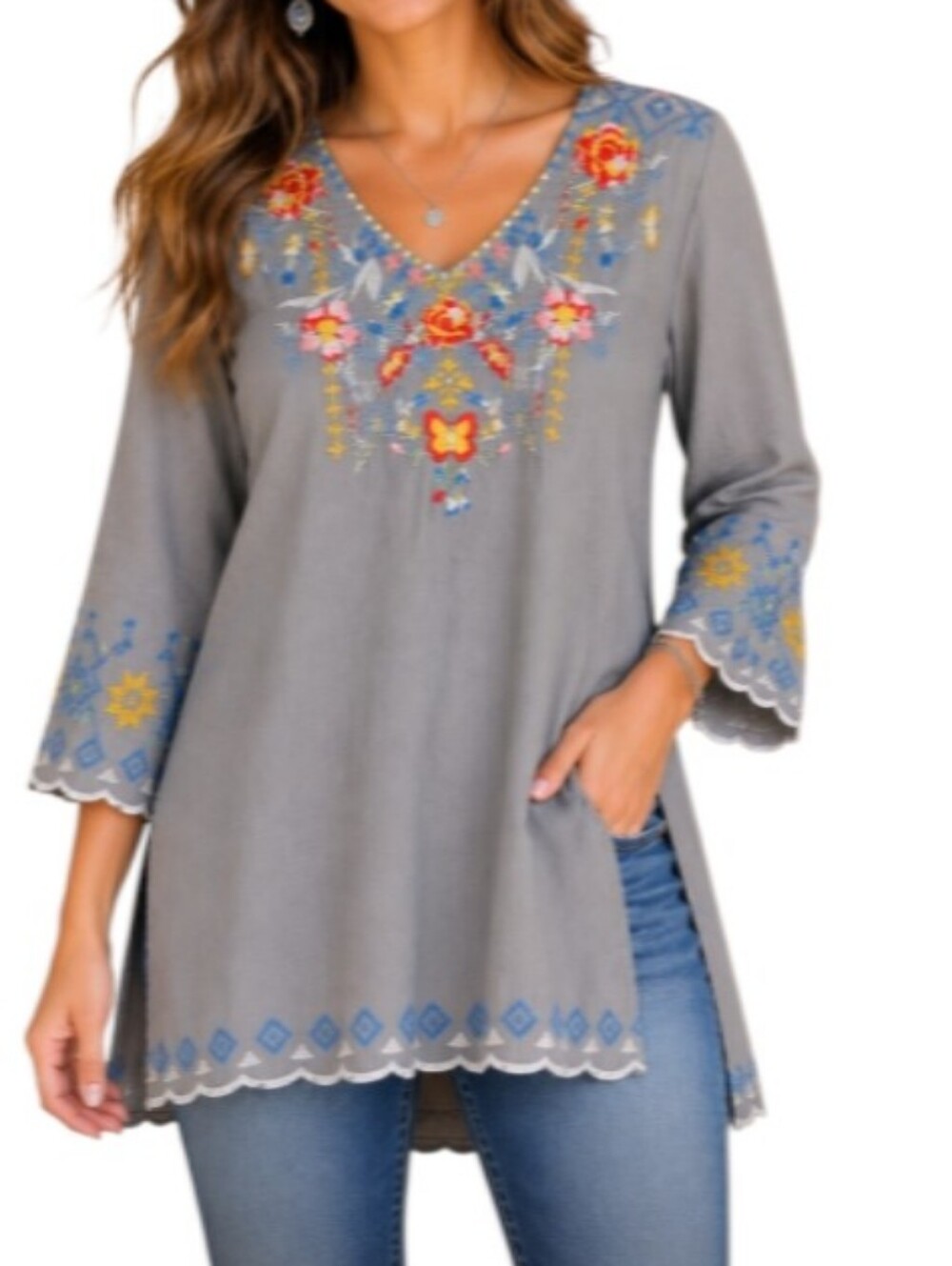 Johnny Was Rosetta Gray Embroidered V-Neck Tunic Oersized Tunic-NWT